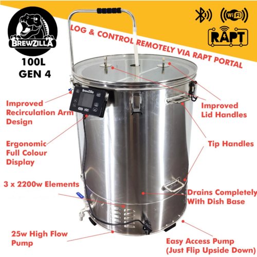 Gen 4 BrewZilla | All Grain Brewing System | Integrated Pump | Includes Wort Chiller | Wifi | Bluetooth| Rapt | 100L | 26.4G | 220V